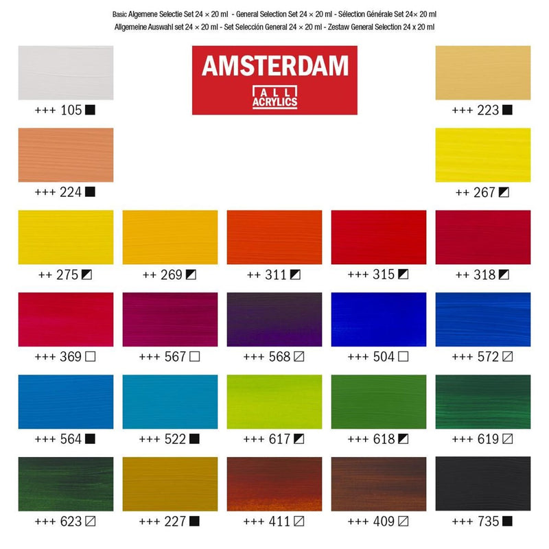 Royal Talens Amsterdam Standard Series Ensemble de sélection générale de peinture acrylique | 24 x 20 ml